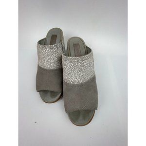 SOREL Joanie Womans Wedge Leather Slip On Mule Sandals Gray White Heels